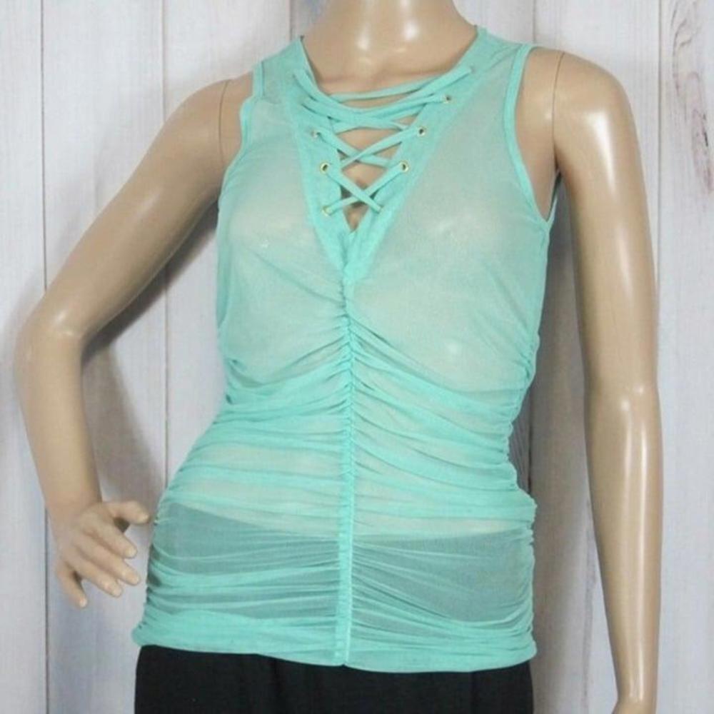 Vizio Mint Green Sheer Mesh Ruched Lace Up Tank Top Medium M Lace Up V-Neck NWOT